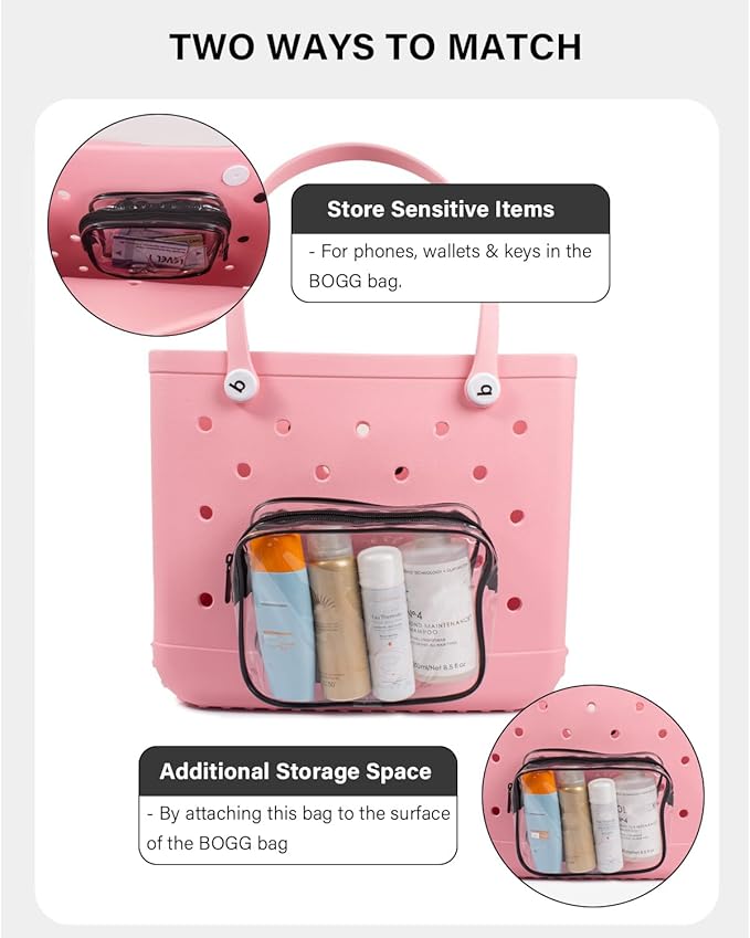 4 Pack Clear Bogg Beach Makup Bag Accessories with 3 Pack Insert Hooks for Bogg Bags, Clear Bogg Makeup Pouches Phone Holder for Bogg Bags Divider Storage Inner Compatible Pouch Travel Cosmetic Bag