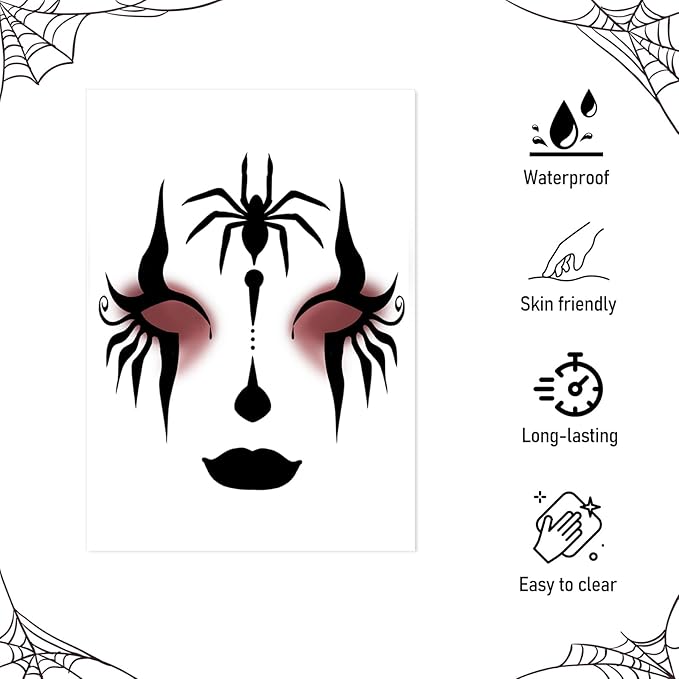Halloween Spooky Face Tattoos, Spider Temporary Tattoo Stickers, Face Tattoo Decals,Temporary Makeup Stickers, Face Tattoo Sticker Art for Halloween Adults Costume Parties 8Pcs