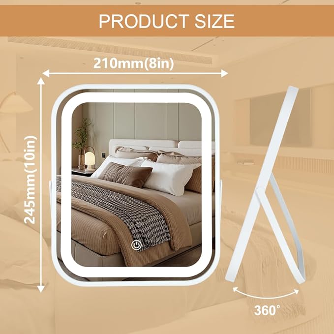 Lighted Makeup Mirror, Rechargeable Vanity Mirror with Lights 10''x8'' Makeup Mirror with Lights,Light up Mirror Touch Screen with 3-Color Lighting,for Women Gift,Travel Essentials