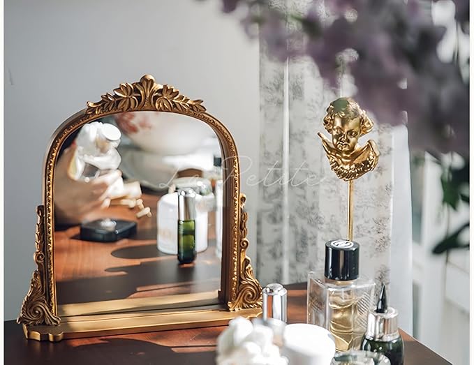 Vintage Antique Gold Framed Tabletop Mirror - Small Decorative Mirror with Carved Resin Frame for Vanity, Desk, or Shelf Decor
