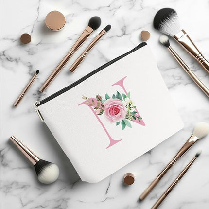 Pink Monogram Makeup Bag, Initial N, Cosmetic Bag Personalized Travel Organizer Bags Makeup Pouch, Monogrammed Gifts for Women Girls Friend Sisters Boss Bridesmaid Wedding Bridal Shower Gifts