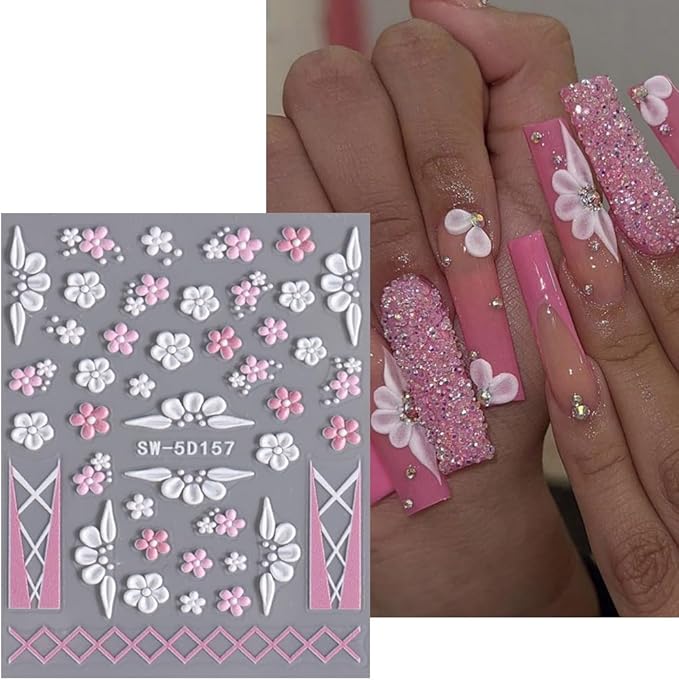 3 Sheets Summer 5D Flower & Butterfly Nail Art Stickers Set, 5D Embossed Nail Decals Daisy French Nail Art Design Self Adhesive Nail Supplies Colorful Flower Nail Stickers Decoration for Women Girls