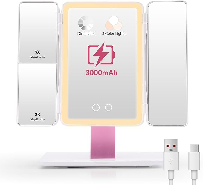 EASEHOLD Foldable Tri-Fold Lighted Makeup Vanity Mirror with 60 LED Lights, 1X/2X/3X Magnification, Touch Control Dimming, 3000mah Rechargeable, 360° Rotation, Portable Travel Folding Compact Mirror