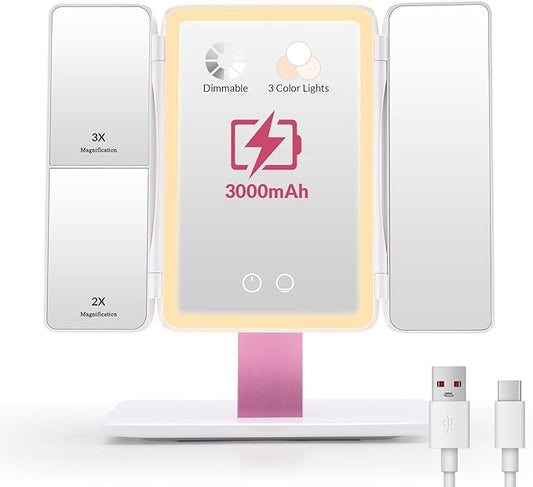 EASEHOLD Foldable Tri-Fold Lighted Makeup Vanity Mirror with 60 LED Lights, 1X/2X/3X Magnification, Touch Control Dimming, 3000mah Rechargeable, 360° Rotation, Portable Travel Folding Compact Mirror