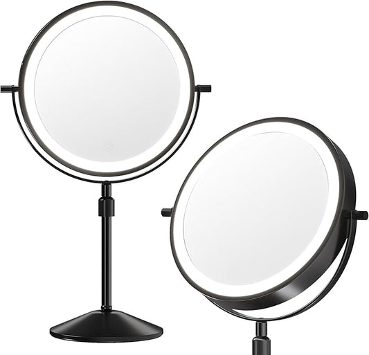 Garvee Lighted Makeup Mirror, Rechargeable Height Adjustable Double Sided Vanity Mirror, 1x/10x True HD Magnifying, Brightness Adjustable, Three Colors, 360° Rotation Vanity, Gift for Women, Black