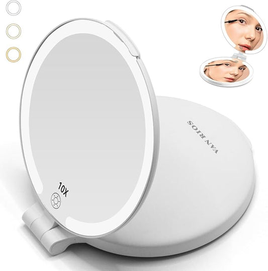 96 LEDs' Folding Rechargeable and 10x Magnification Makeup Mirror with Lights,6.3 Inch Double Sided Portable Travel Mirror with Case for Myopia and Makeup Fanatics Travel Essentials