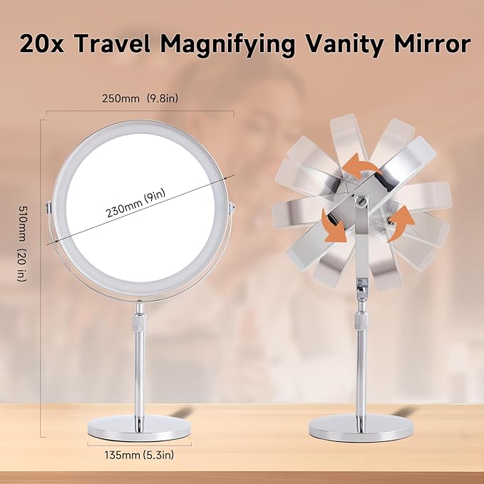 1X/20X Magnifying Makeup Mirror with Lights - 9" Large Dual-Sided Vanity Mirror with 3 Color Lights for Women's Travel Cosmetic Mirror | 3000 mAh-USB Rechargeable | 360° Rotation | Adjustable Height