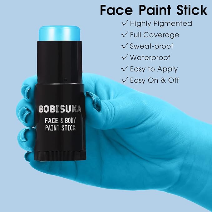 BOBISUKA Light Blue Face Paint Stick, Baby Blue Eye Black Body Sticks for Sports, Waterproof Painting for Halloween Avatar Corpse Bride Smurf Cosplay Special Effects Costume SFX Makeup Kit