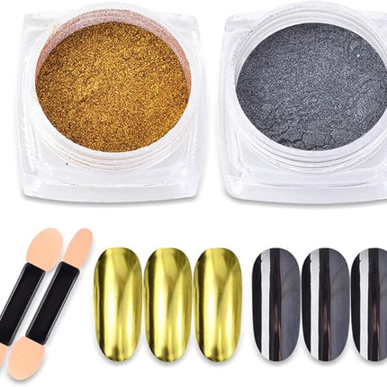 Black Mirror Powder Metallic Chrome Powder,2 Jars Gold Black Nail Art Mirror Glitter Effect Chrome Pigment Dust Manicure Tips with Sponge Applicators