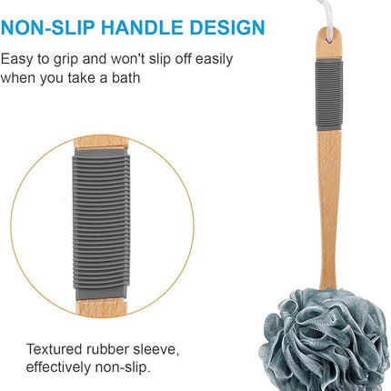 AmazerBath Shower Sponge Loofah Back Scrubber, PE Soft Mesh Loofah Body Scrubber with Long Wooden Handle, Bath Sponge for Men Women (Gray)