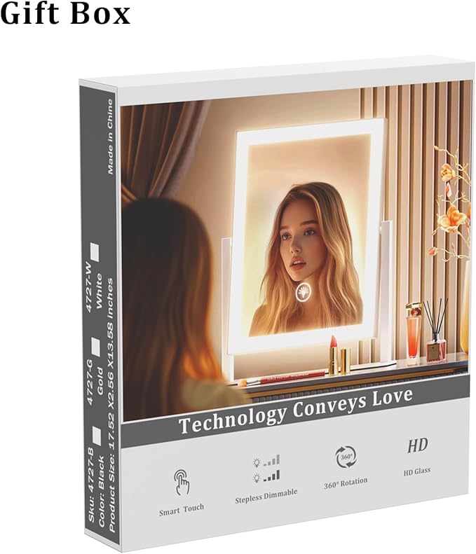 Lighted Makeup Mirror, Hollywood Vanity Mirror with Lights, Three Color Modes，Detachable 10X Magnification Mirror, Smart Touch Control, 360°Rotation (15.2in)