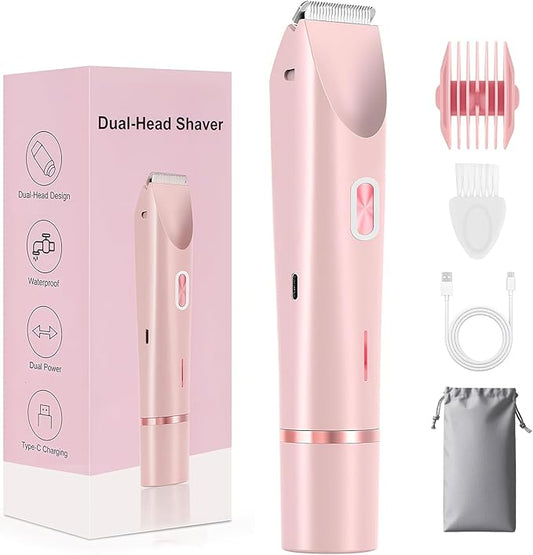 Dermave Bikini Shaver 2.0, 2025 New Glow Aura Bikini Trimmer for Women, 2 in 1 Dual Head Electric Razors for Women, IPX7 Waterproof Wet & Dry Electric Shaver, Rechargeable Portable Body Shaver (Pink)