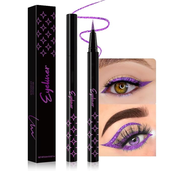 evpct 1Pcs Voilet Purple Glitter Glittering Diamond Shimmer Liquid Eyeliner Eye Makeup Pencil Set, Sparkle Shimmer Colored Eyeliner Pen Waterproof Smudge Proof Long Lasting High Pigmented 05#