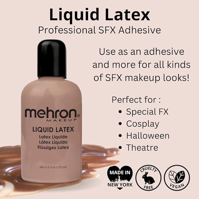 Mehron Makeup Liquid Latex | SFX Makeup | Halloween | Latex Glue for Skin | Prosthetic Glue 1 fl oz (30 ml) (Dark Flesh)