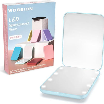 WOBSION Small Mirror with Lights,LED Compact Makeup Mirror,1x/3x Mini Travel Mirror with Magnification,Portable for Purse,Pocket,Gifts for Girls,Blue