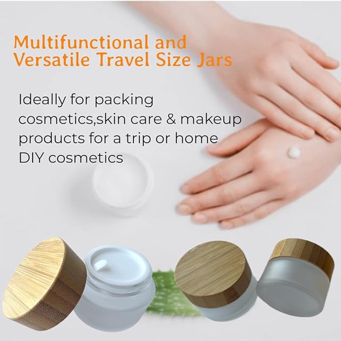 Empty Refillable Frosted Glass Cosmetic Cream Jar 4 Pack 1.6 OZ/50g with Bamboo Lids,Skin Care Travel Containers Pot for Clay Masks,Butter,Body Scrub,Lip Balm, Ointments, Lotion Frost