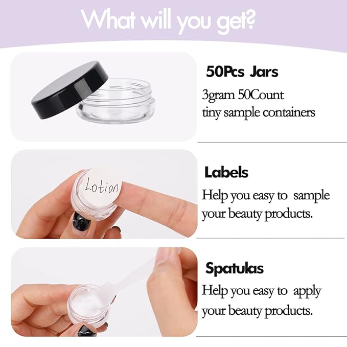 3 Gram Sample Jars with Lids - 50 Count Mini Cosmetic Containers for Makeup Travel & More - Includes Disposable Spatulas