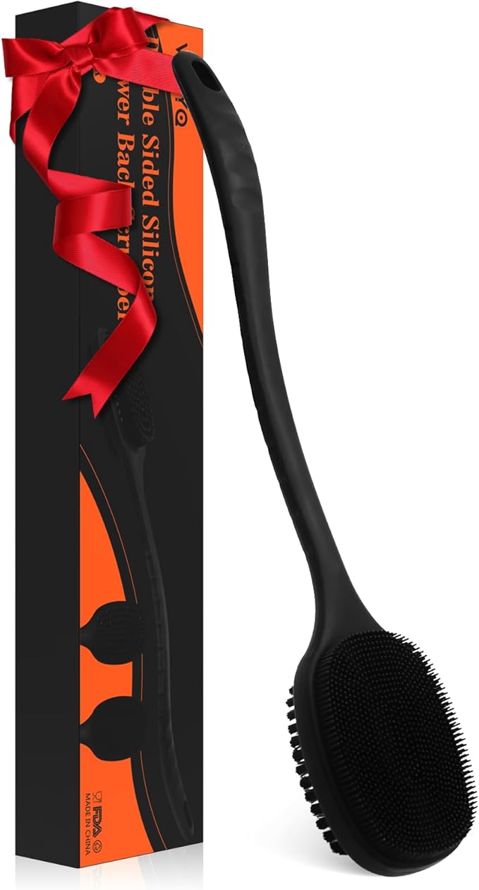 VWMYQ Back Scrubber for Shower, New Update Double Sided Body Scrub Brush Long Handle with Soft Silicone Bristles and Stiff Nylon Bristles for Shower Exfoliating and Massage Can Produce More Rich Foam