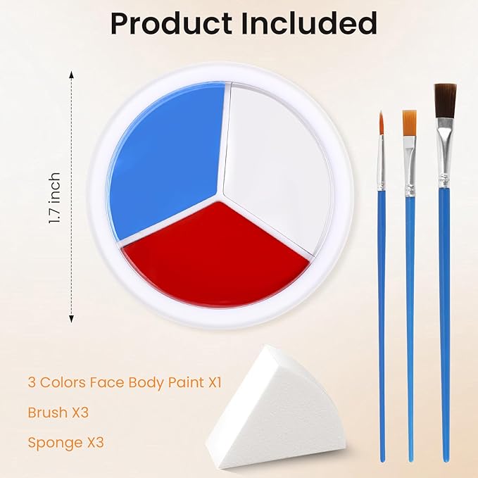 3 Colors Face Body Paint + 3pcs Sponge + 3pcs Brush, 【Full Coverage】【Skin Friendly】【Long Lasting】, Professional Paint Makeup Product For Halloween/Masquerade/Cosplay/Movie Makeup, Red+White+Blue