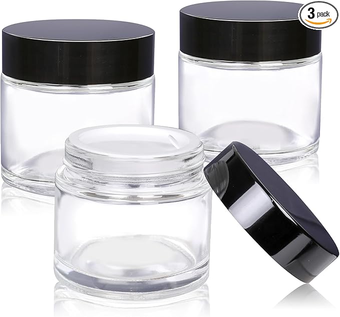 3 Pack Clear Small Glass Cosmetic Jars with Lids - 60 ml Empty Glass Makeup Containers for Sample, Cream, Lotion, Powder (2 OZ)