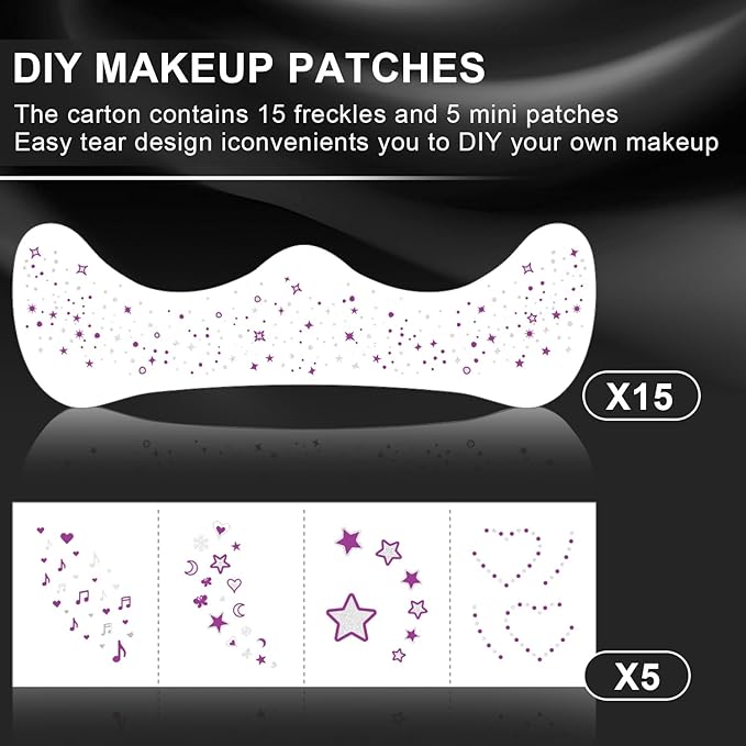 20 Pcs Purple and Silver Face Makeup Patches, Purple-silver Glitter Freckles, Halloween Glitter Freckles Face Tattoo, Waterproof Face Sparkle Freckles, Long-Lasting 48h Freckles for Women
