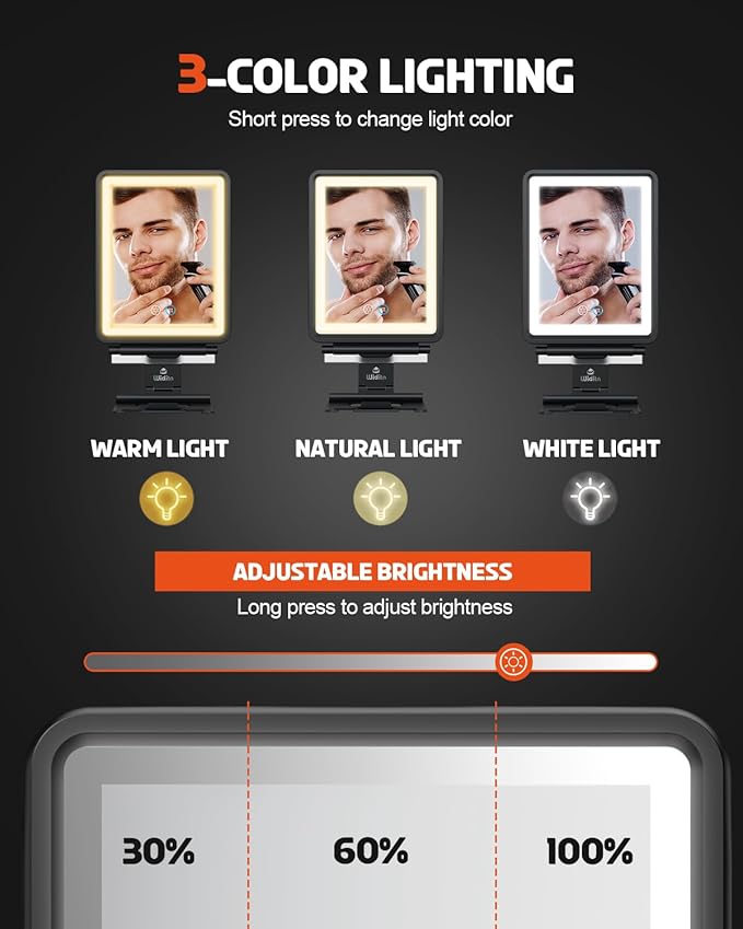 Heated Shower Mirror Fogless for Shaving, 3 Color Dimmable Lights Shower Mirror Fogless, Rechargeable Anti-Fog Shaving Mirror with Razor Holder, Storage Tray, Squeegee