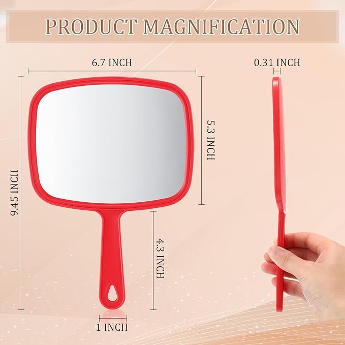 Geetery 12 Pcs Hand Held Mirrors with Handles Hand Makeup Mirrors Bulk Wall Mount for Women Cosmetic Bathroom Home Barber Salon Travel Portable Beauty School Gift, 6.69 x 9.45 Inch (Red)