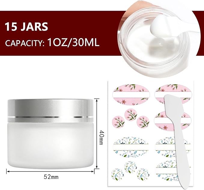 15 Pack, 1 oz 30ml Matte Clear Glass Jars with Silver Lids & Inner Liners, Empty Round Refillable Cosmetic Containers Travel Jars for Cosmetics, Body Butter,Scrubs,Face Cream Lotion,and More