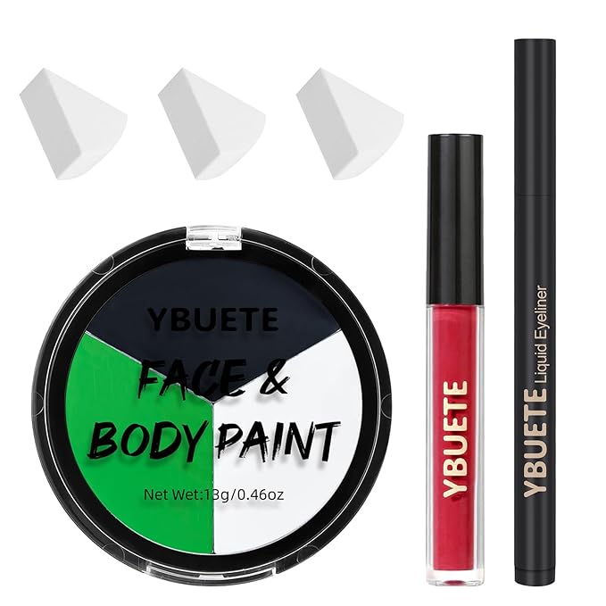 Halloween White Black Green Face Painting Kit For Beast Boy Monster Makeup, Baseball Softball Sport Games, Cosplay, Costume, Theme Parties and SFX Special Effect