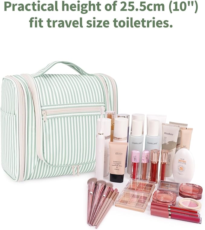Narwey Striped Hanging Travel Toiletry Bag for Women, Travel Bag for Toiletries, Makeup Bag Organizer Cosmetic Bags Make Up Bags for Women (Mint Green Stripe)