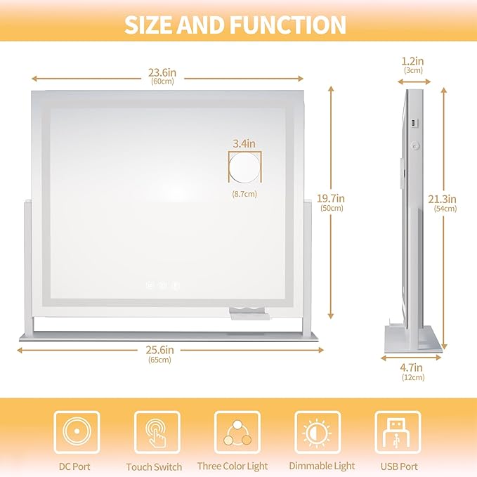Hasipu Vanity Mirror with Lights, 25.6" x 21.3" LED Makeup Mirror, Light up Mirror with 10X Magnification and Phone Holder, USB Charging Port, Smart Touch 3 Colors Dimmable, 360° Rotation (White)