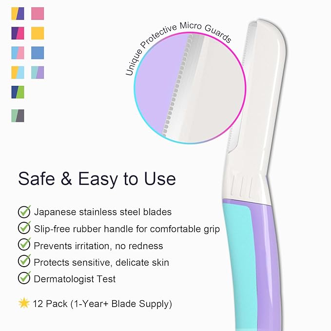 Dermaplane Razor for Women Face - Facial Razor for Women - Eyebrow & Face Razors, Exfoliating Microblades, Peach Fuzz Remover, Dermaplaning & Skin Care Tool, Travel Essentials, (12 pcs, Wisteria)