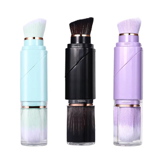 Vtrem Retractable Travel Makeup Brush: 3 Colors Kabuki Double-Ended Foundation Blush Brushes Set Mini Compact Face Brush with Cover Highlighter Flawless Powder Cosmetics, Blue Black Purple