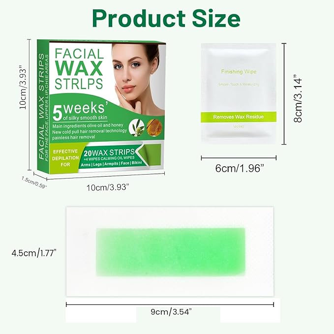 Wax Strips for Hair Removal - 98% Natural Formula for Sensitive Skin, Facial Hair Removal for Women - Gently and Quickly Removes Hair from Eyebrows, Body, Legs, and Bikini Line- Hypoallergenic 2Pcs