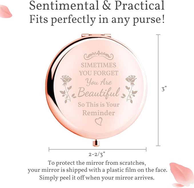 Birthday Gift for Women Mom Sister Daughter Compact Mirror, Gorgeous Rose Gold Compact Mirror Unique Birthday Gift for Wife Sisters BFF