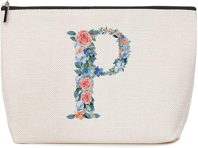Initial Makeup Bag Monogrammed Travel Toiletry Bag Monogram Cosmetic Bag Birthday Christmas Bridal Shower Bridesmaid Gifts Personalized Gifts for Women Bride Teacher Sister Nurse, Floral Letter P