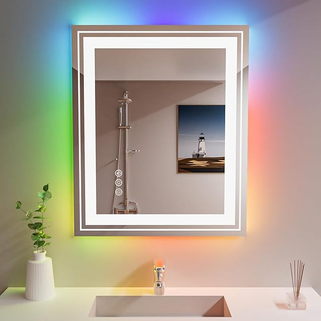 LED Mirror for Bathroom, 30"X36" with 8 RGB Backlit +3 Front Lit (Adjustable Individually), Anti-Fog, Lighted Bathroom Vanity Mirror for Wall, Shatterproof, Memory Function, Tempered Glass