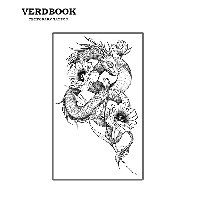 Waterproof Temporary Tattoos: 2-Sheet Tattoo Kit with Realistic Body Stickers, Semi-Permanent Tattoos for Adults Lasting 7-15 Days – Safe for Men & Women, Dragon & Flowers Pattern