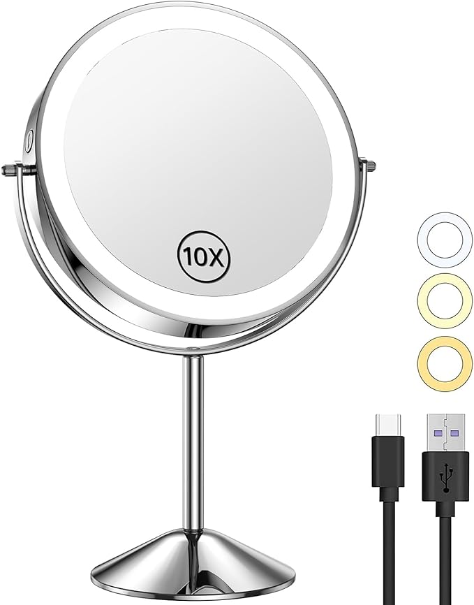 Gospire 8" Lighted Makeup Mirror with Magnification 10X/1X, 3 Color Lights & Dimmable Lighting, 360° Rotation Double Sided Rechargeable Cordless Vanity Cosmetic Standing LED Mirror for Makeup