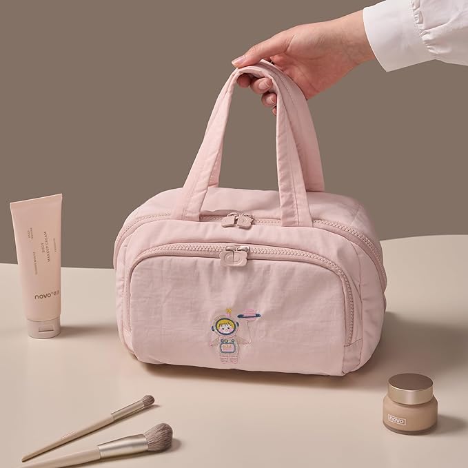 Makeup bag, Large Capacity Cosmetic Bag for Women, Portable Wide-open Toiletry Bag, Travel Makeup Bag with TPU Compartments for Accessories, Essentials, Toiletries, Makeup Brush Bag, Pink