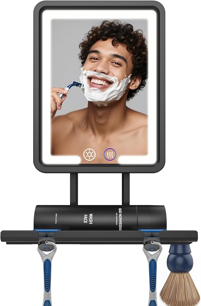 Shinowa Heated Shower Mirror Fogless for Shaving, 360° Adjustable Lighted Shower Mirror with 3 Color Modes, Rechargeable Anti Fog Shower Shaving Mirror with Large Storage Tray & Razor Holder, Black