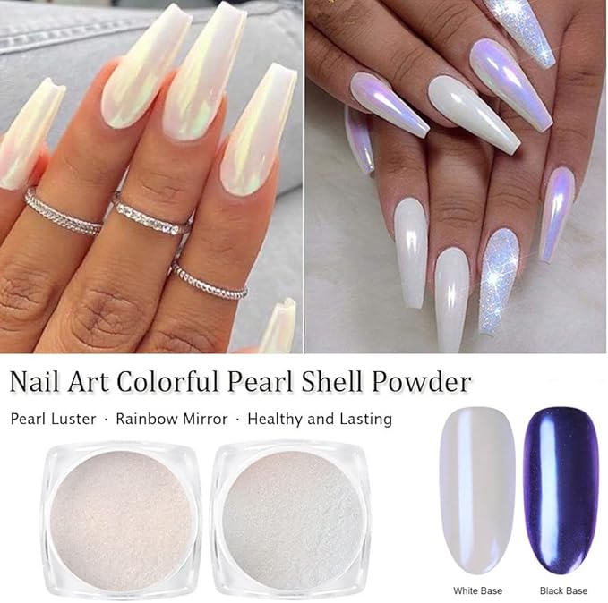 7 Colors Chrome Nail Powder Aurora Metallic Holographic Mirror Effect Dip Nail Powder Kit, White Pearl Iridescent Shell Powder Glitter Nail Art Pigment Manicure for Nails