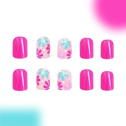 Short Press on Square Flower Fake Nails - Colorful Glue on Pink Flowers Acrylic Full Cover False Nails - Spring Petite Stick on Nails for Women Girls - 24 Pcs