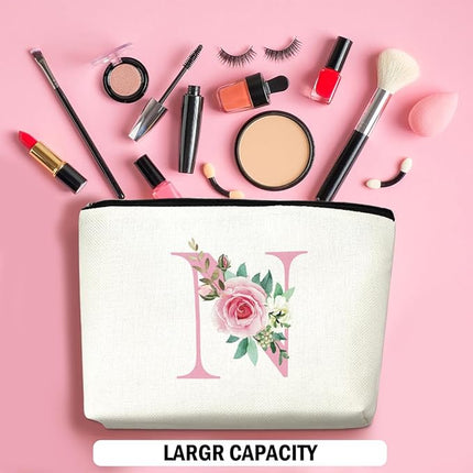 Pink Monogram Makeup Bag, Initial N, Cosmetic Bag Personalized Travel Organizer Bags Makeup Pouch, Monogrammed Gifts for Women Girls Friend Sisters Boss Bridesmaid Wedding Bridal Shower Gifts