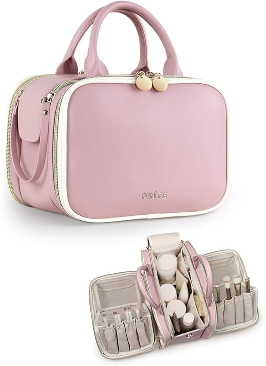 Prite Makeup Bag for Women, Large Capacity Waterproof Travel Cosmetic Organizer, Portable Open Flat Toiletry Bag with Free-standing Brush Holder and Handle(Pink Large)