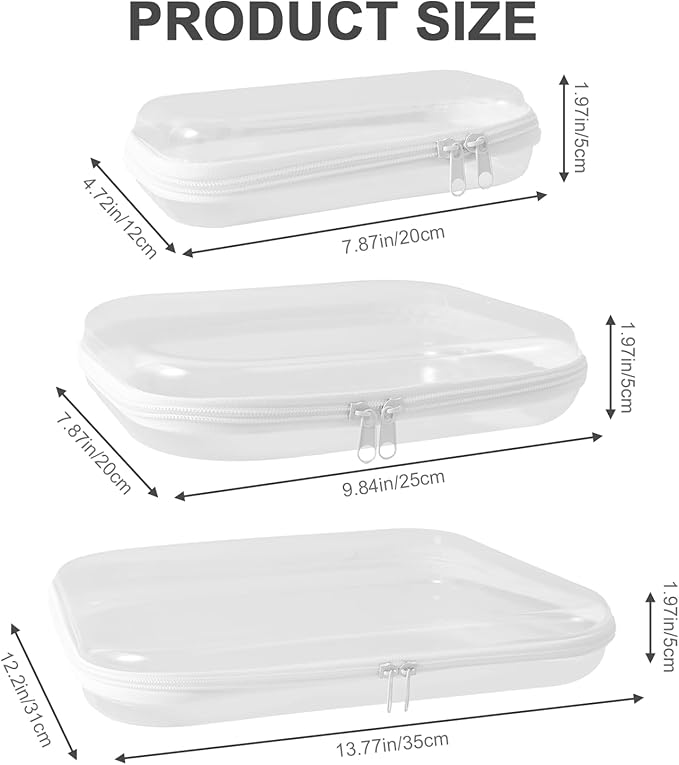 3 Pack Clear Hard Shell Zipper Case, 3 Size Transparent Waterproof Portable Clear Zipper Pouches Hard Shell for Storage, Clear Organizer Bags for Travel Makeup Cosmetic Snacks Doll Storage