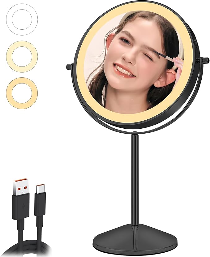 8" Vanity Mirror with Lights Rechargeable, 1X/10X Magnifying Makeup Mirror with Touch Screen, 54 LED Adjustable Brightness, 3 Color Modes, 360° Rotation for Tabletop & Bedroom