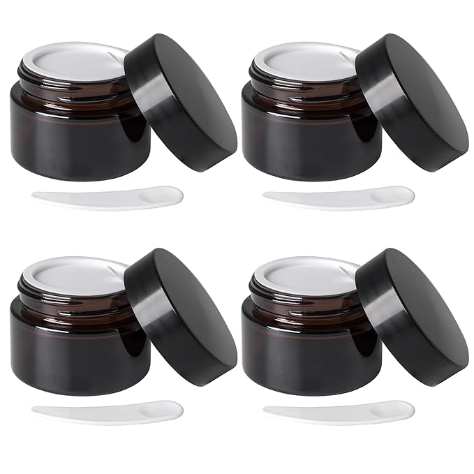 OverNews 4pcs 1oz Amber Glass Jar, Empty Cosmetic Lotion Containers,with Inner Liners,Black Lid, Spatula