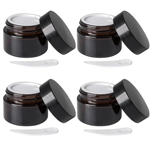 OverNews 4pcs 1oz Amber Glass Jar, Empty Cosmetic Lotion Containers,with Inner Liners,Black Lid, Spatula
