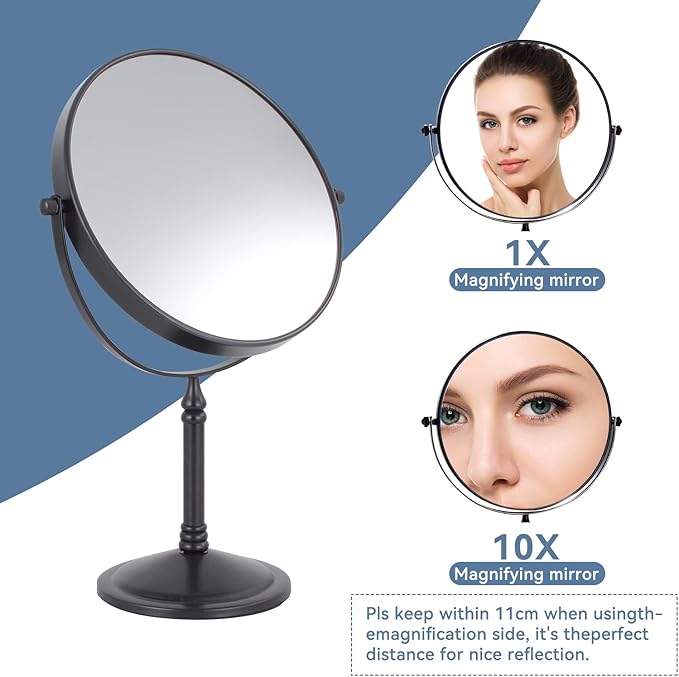 DOWRY Makeup Mirror 10x Magnification Vanity Mirror Tabletop Two-Sided Swivel Matte Black(10X)